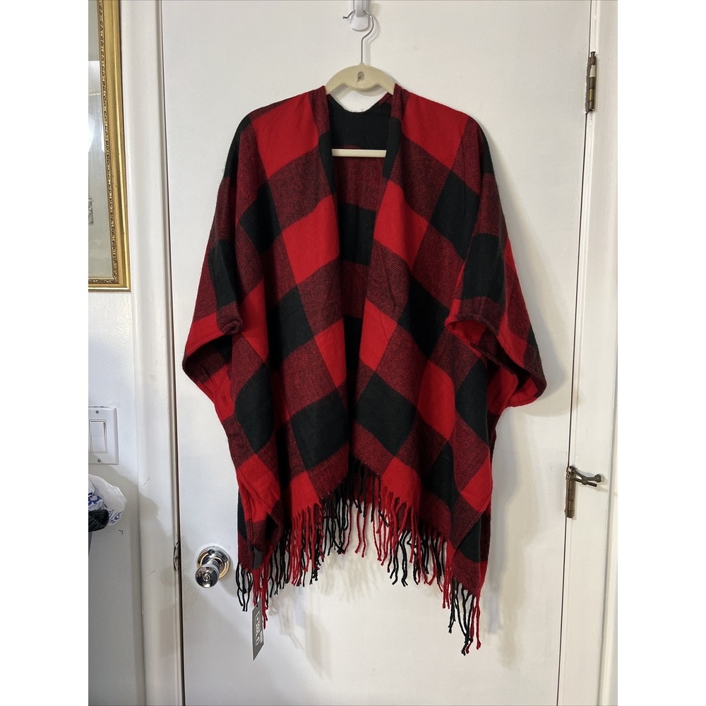 Justin Taylor Red Black Plaid Fringe Trim Poncho Scarf One Size 125525‎